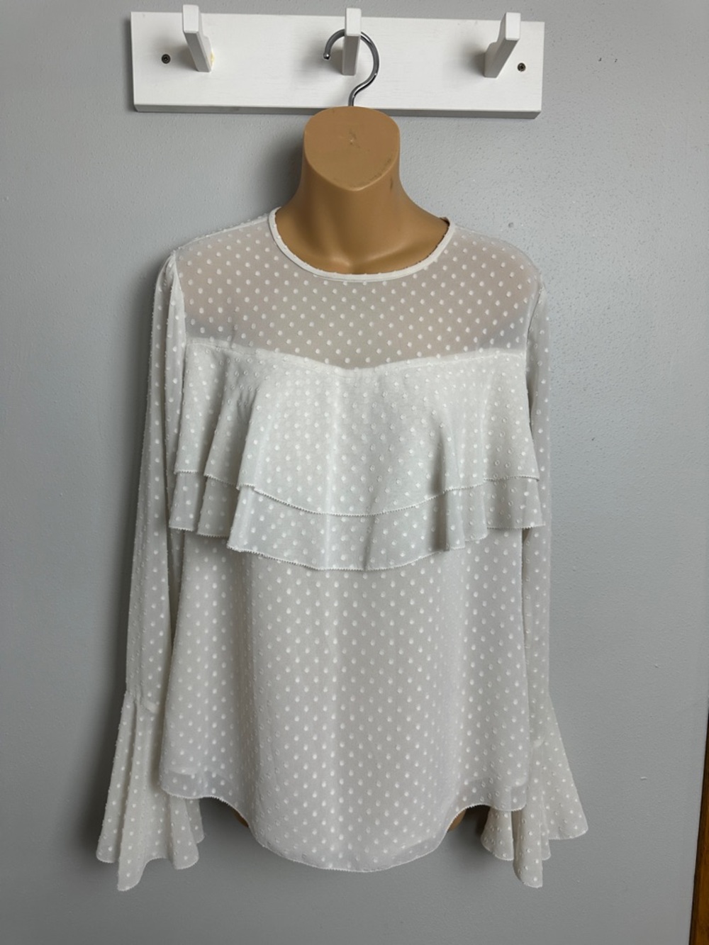 Chelsea28 White Swiss Dot Ruffle Blouse